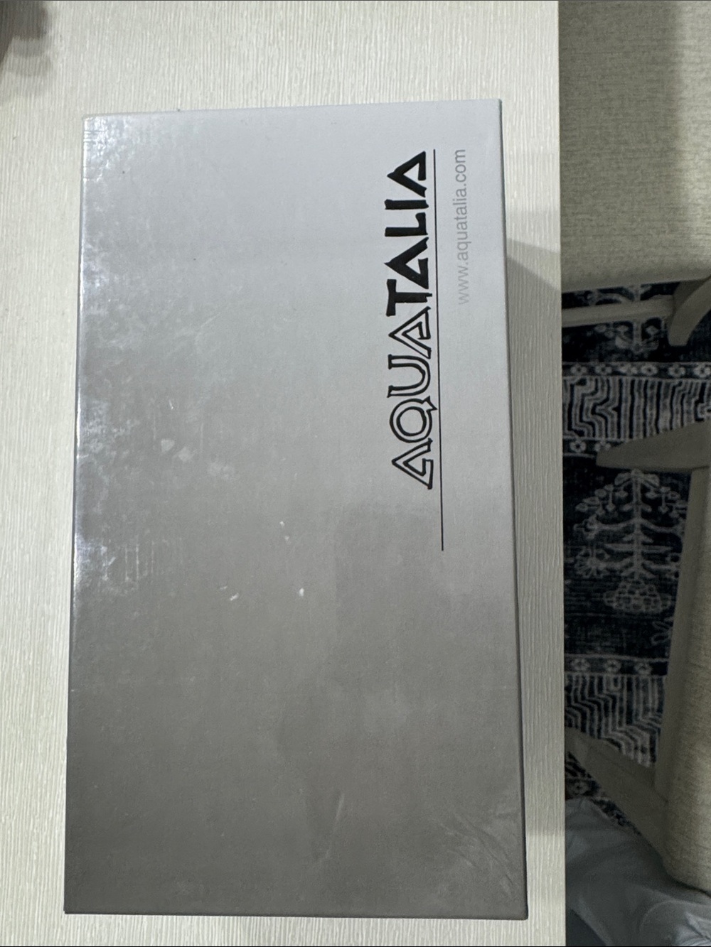 Aquatalia Metallic Silver Shoe Box with Bold Logo